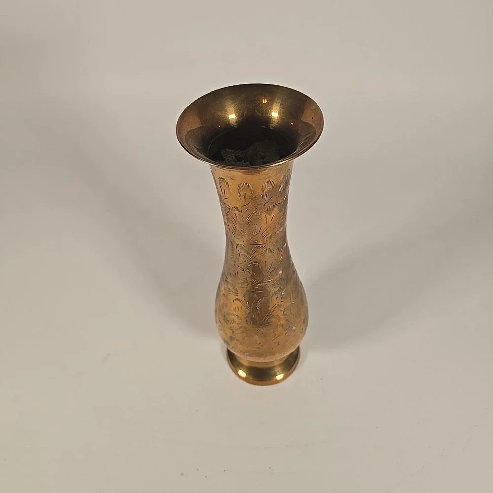 Vintage Solid Brass Vase India Made Etched Floral Design Gold Ornate 10Inch Tall